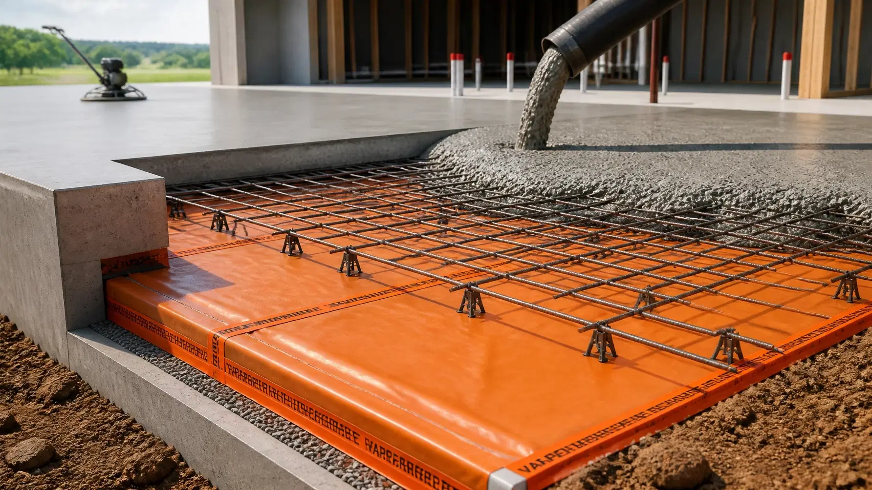 Concrete slab preparation showing orange vapour barrier and steel reinforcement mesh prior to pouring