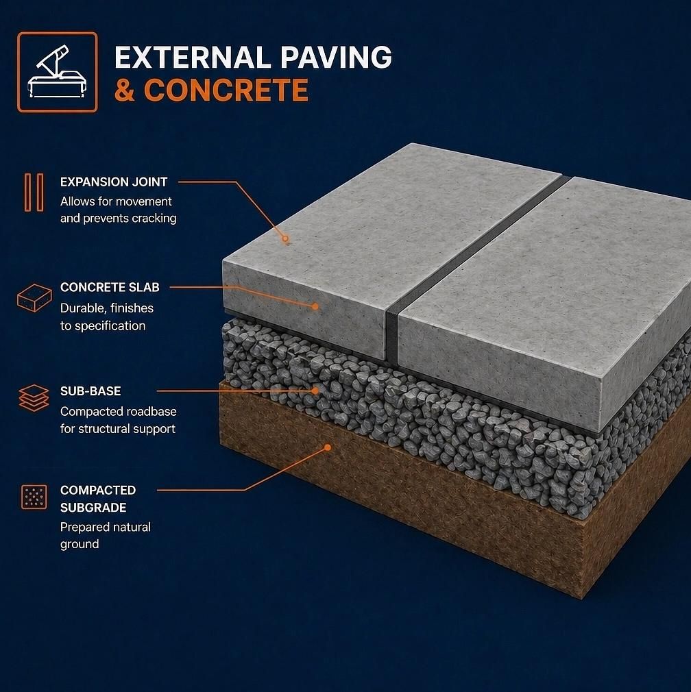 Technical diagram of external paving layers and concrete substrate preparation for residential projects