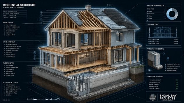 A technical 3D forensic blueprint of a residential home showcasing detailed structural cross-sections. The visual highlights critical building components, including the reinforced concrete foundation, timber wall framing, and complex roof systems.