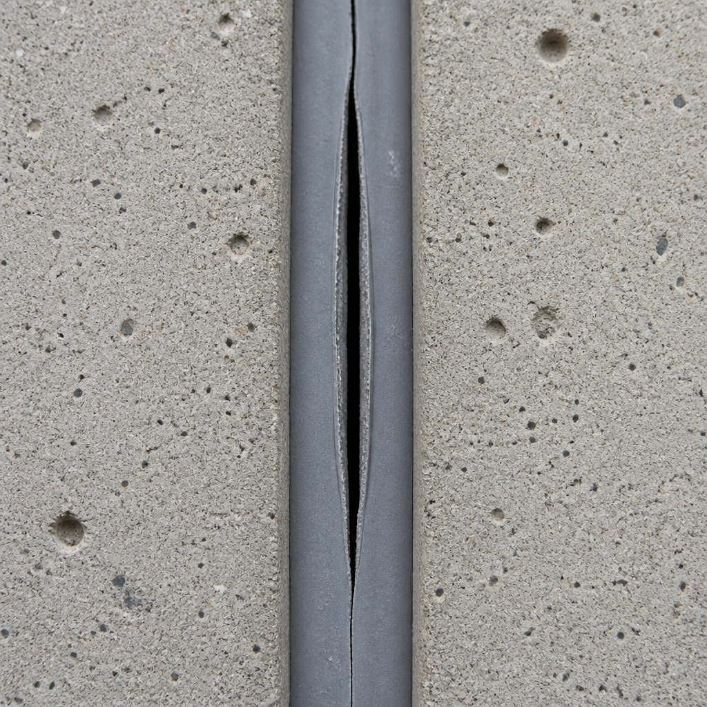 Forensic close-up of a failed sealant joint experiencing a clean longitudinal cohesive tear.