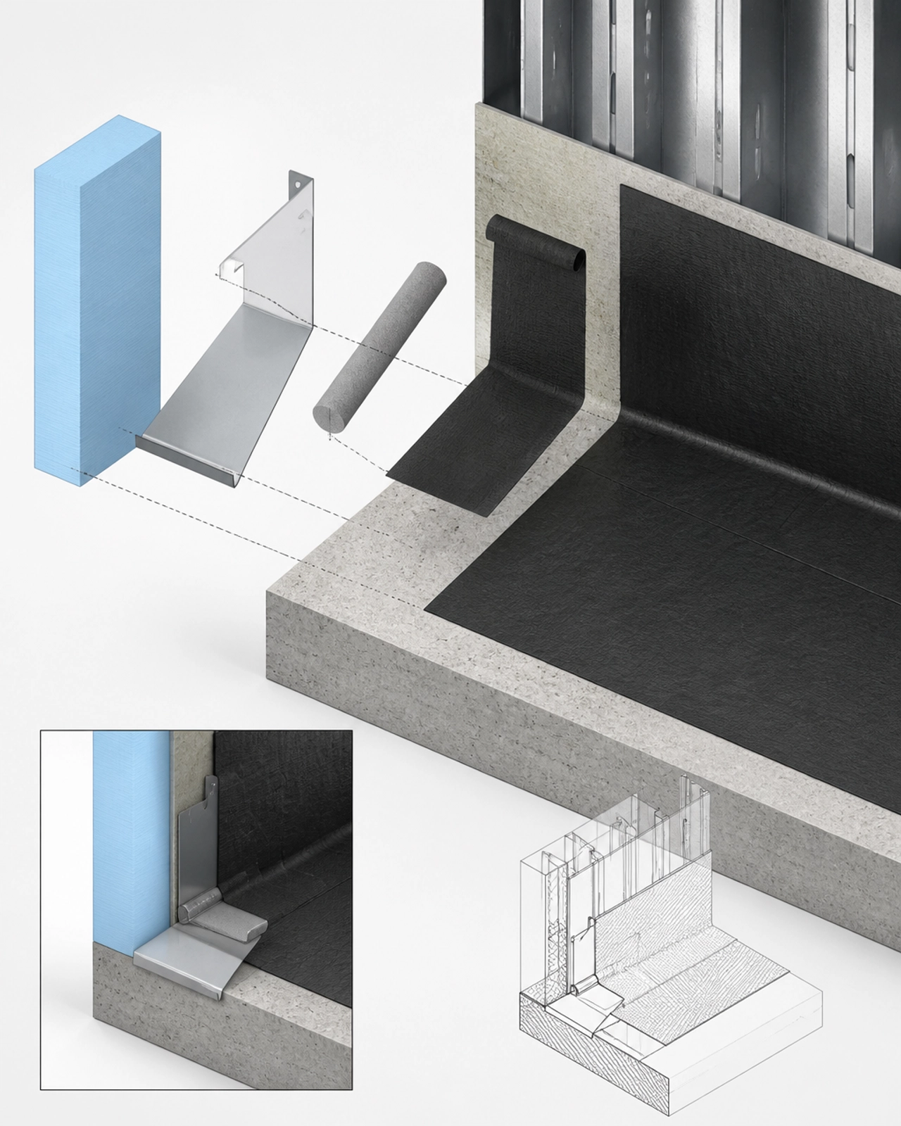 3D exploded view showing the correct sequence of IMP base components: slab edge insulation, flashing, backer rod, and air barrier termination.