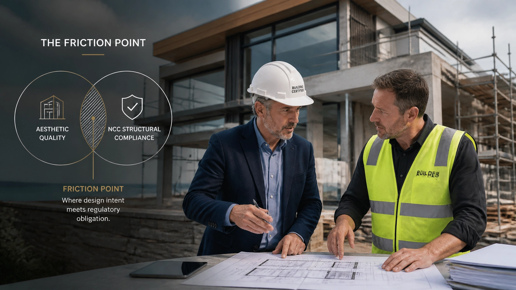 A building certifier and builder debating architectural plans on a construction site, highlighting the friction point of compliance.