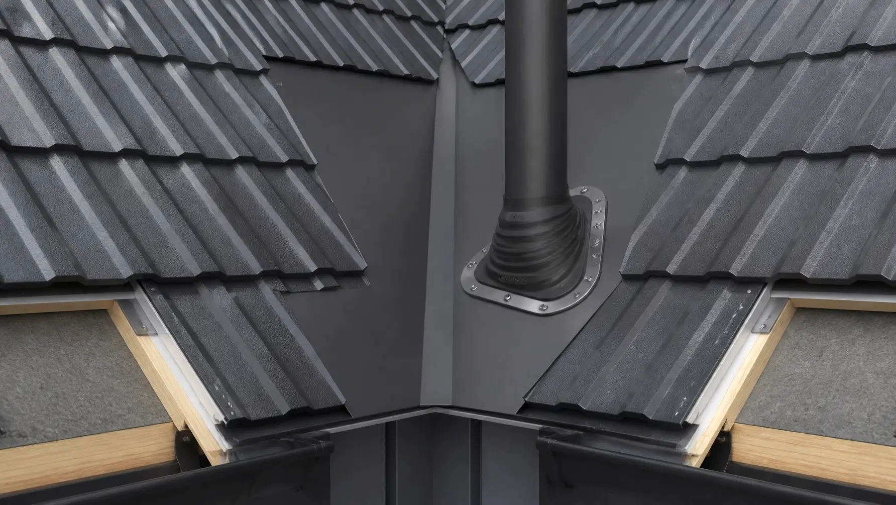 Forensic inspection detail of a pipe penetration on a metal roof, demonstrating the importance of weather protection and compliance detailing.