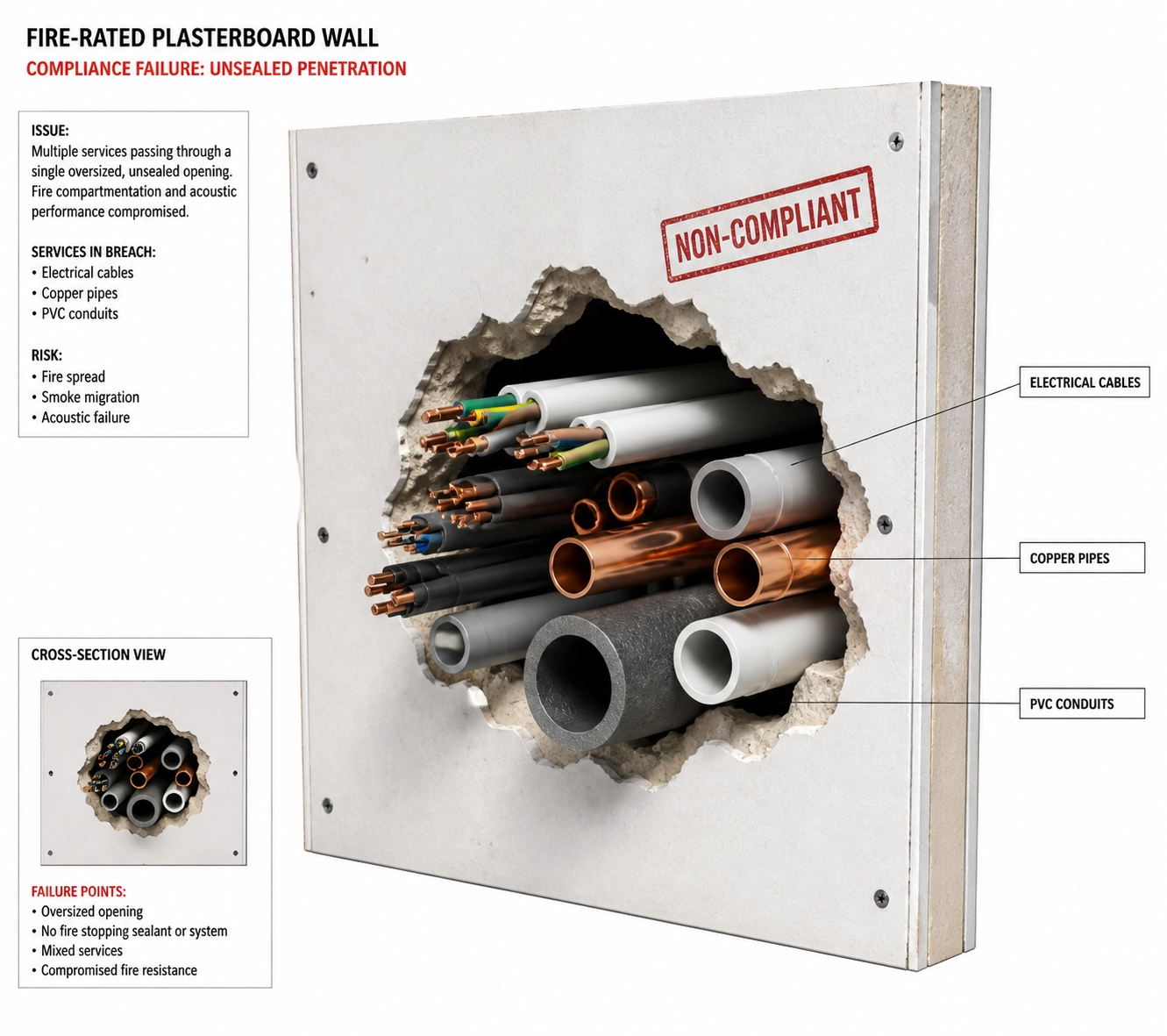 Technical 3D illustration of a compliance failure showing a 'nest' of mismatched services passing through a single non-compliant penetration.
