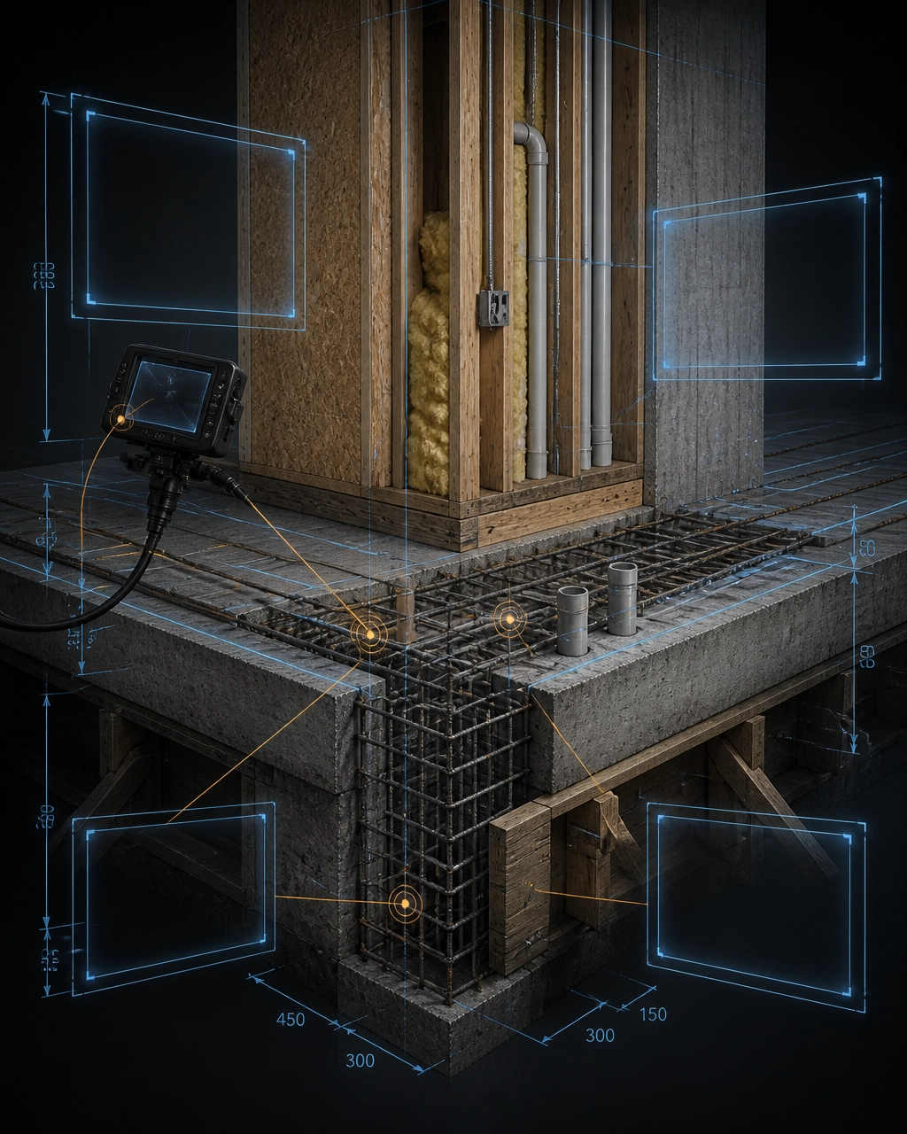 Technical 3D cutaway of exposed reinforcement and formwork with empty evidence frames