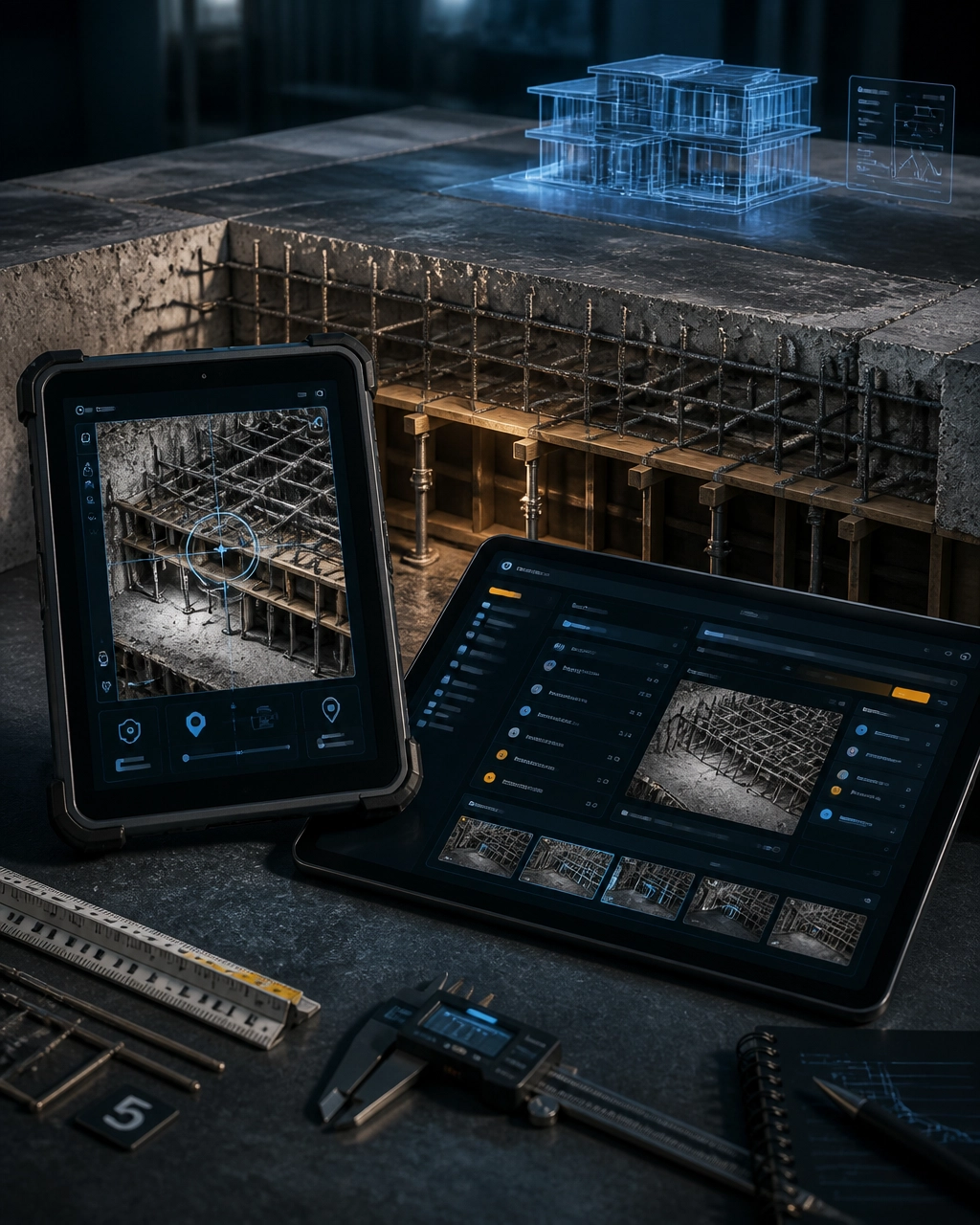 Technical 3D quality-control scene showing a field tablet capturing a geolocated inspection photograph linked to a controlled project record