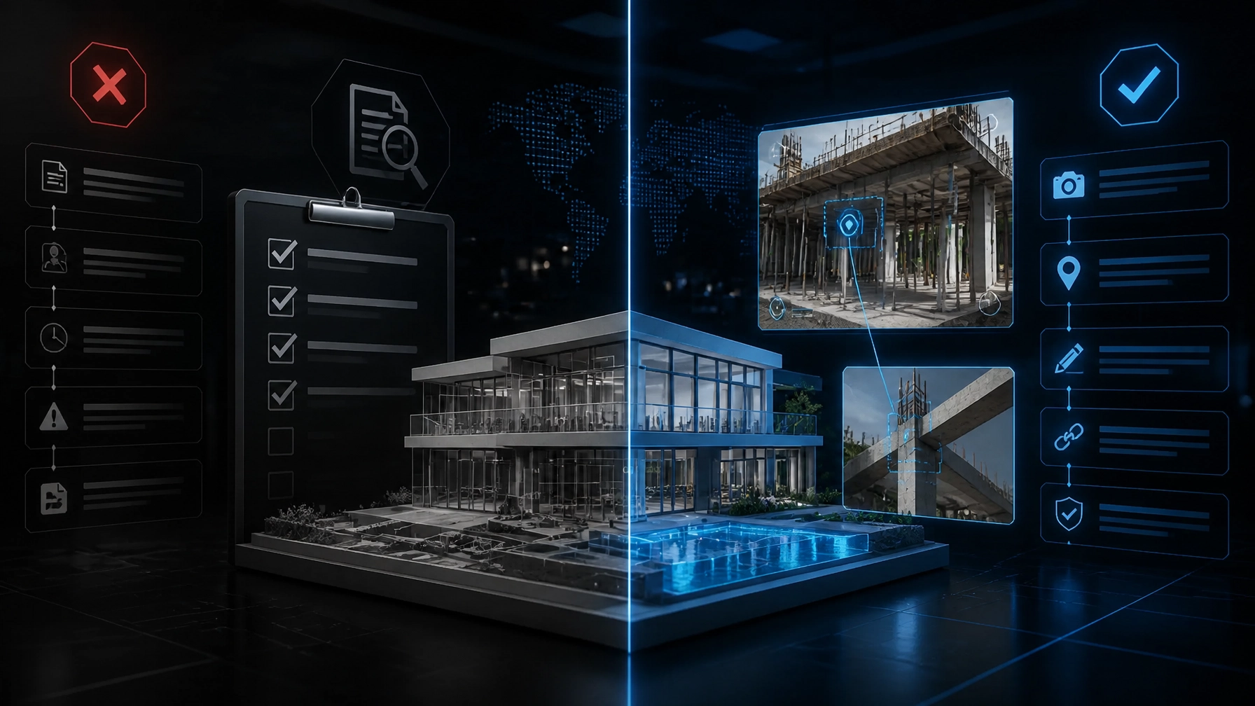 3D construction audit comparison showing an incomplete checklist beside a controlled inspection evidence workflow
