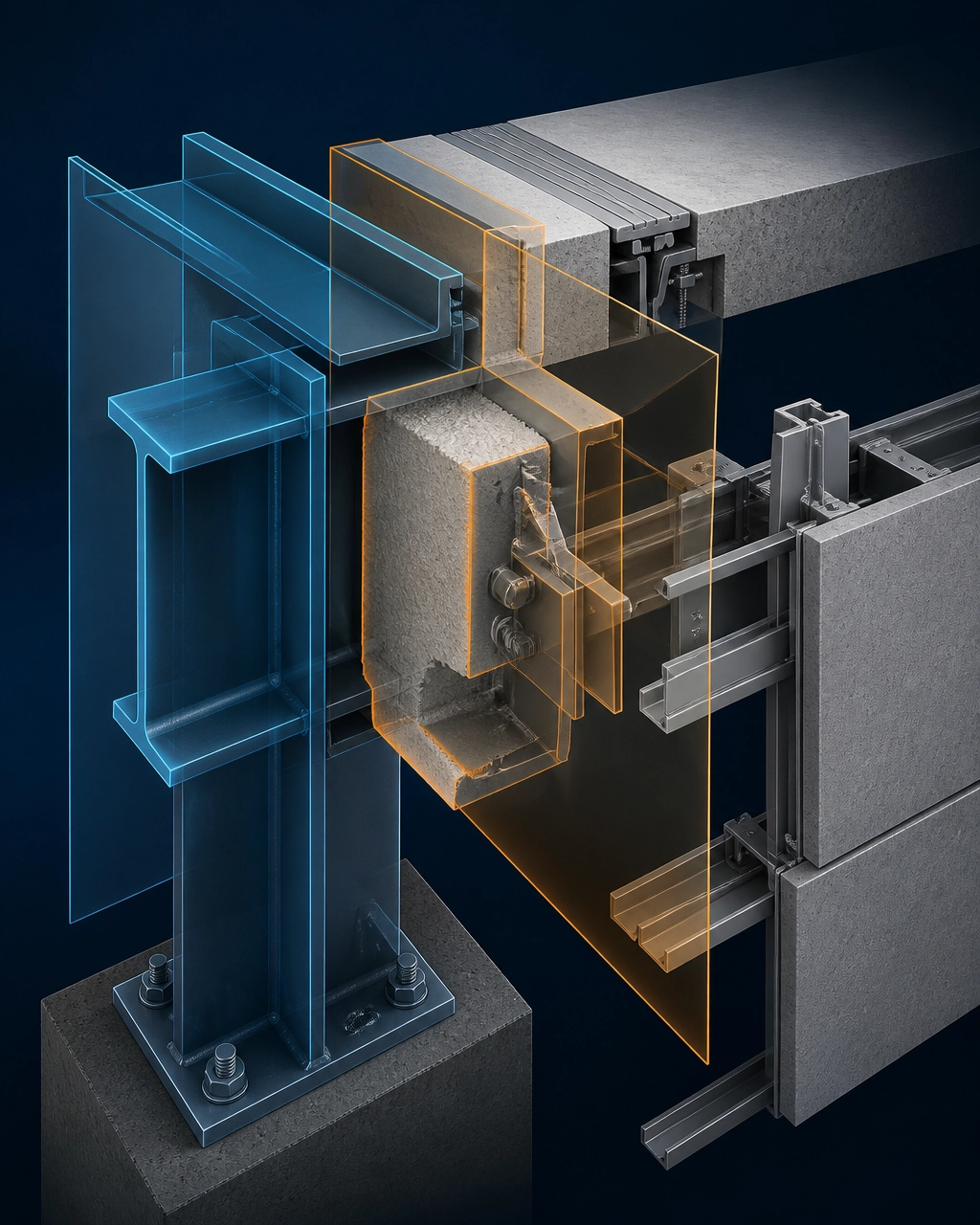 Exploded axonometric forensic view of structural steel, fireproofing, facade bracket and inspection interface