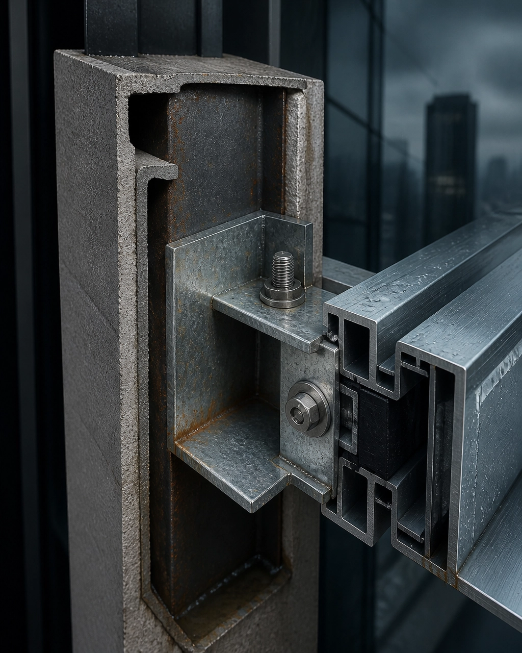 Technical macro visualization of a mixed-metal facade attachment stack adjacent to cementitious fireproofing