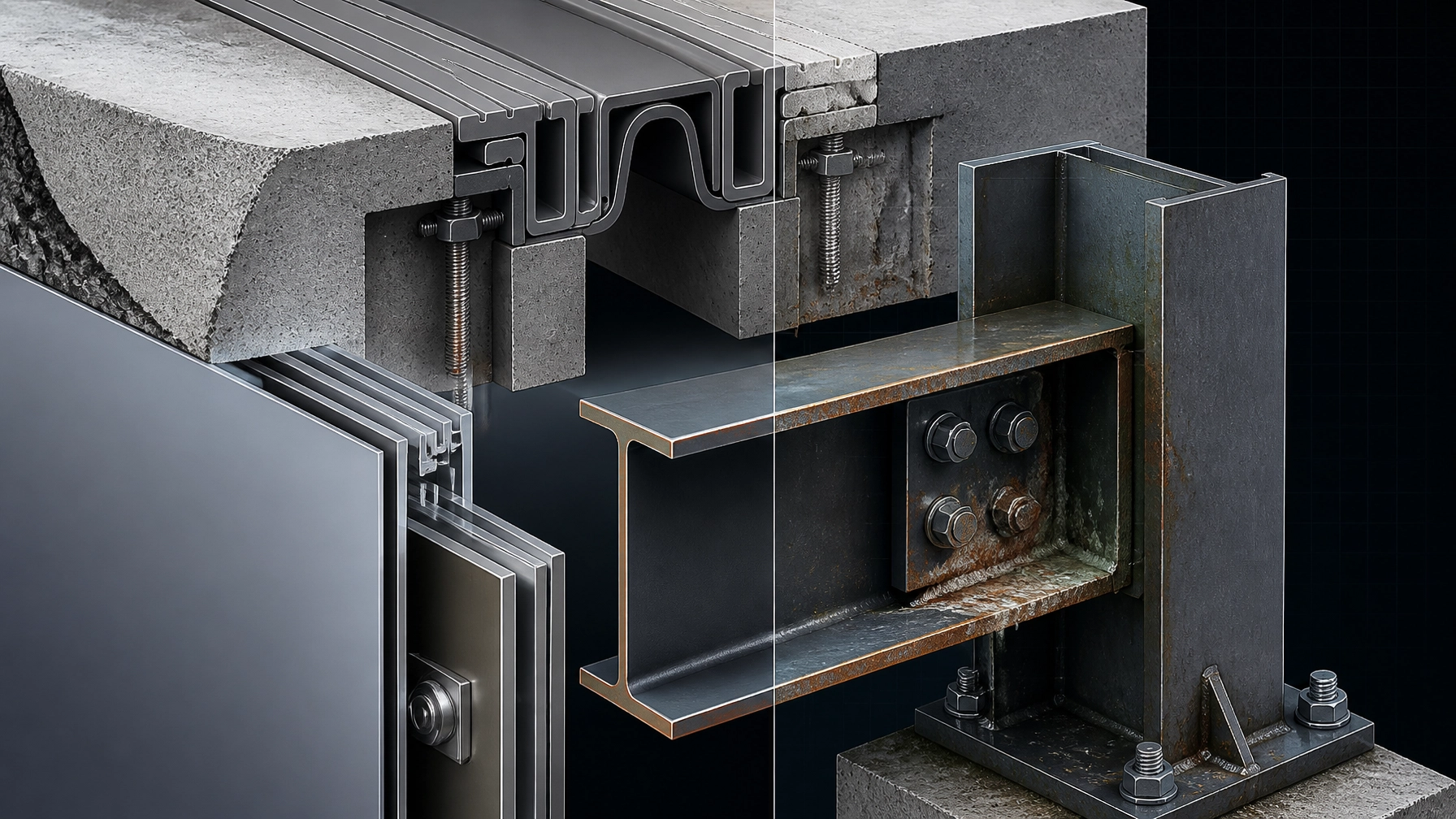 Forensic inspection view of facade steel, fireproofing edge, water-retention pocket and early corrosion