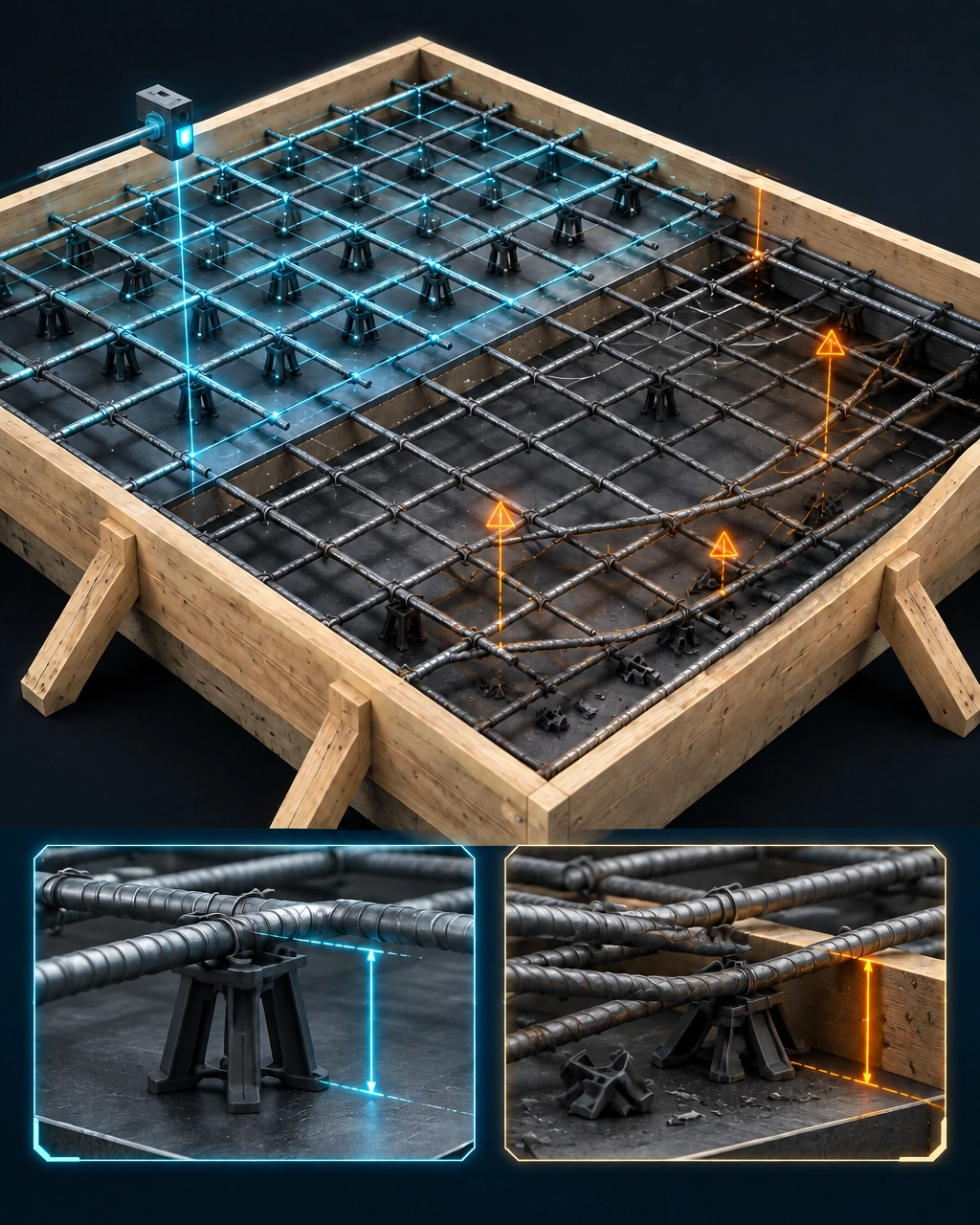 Reinforced concrete slab showing stable spacer discipline in one zone and reinforcement sagging toward the formwork in another