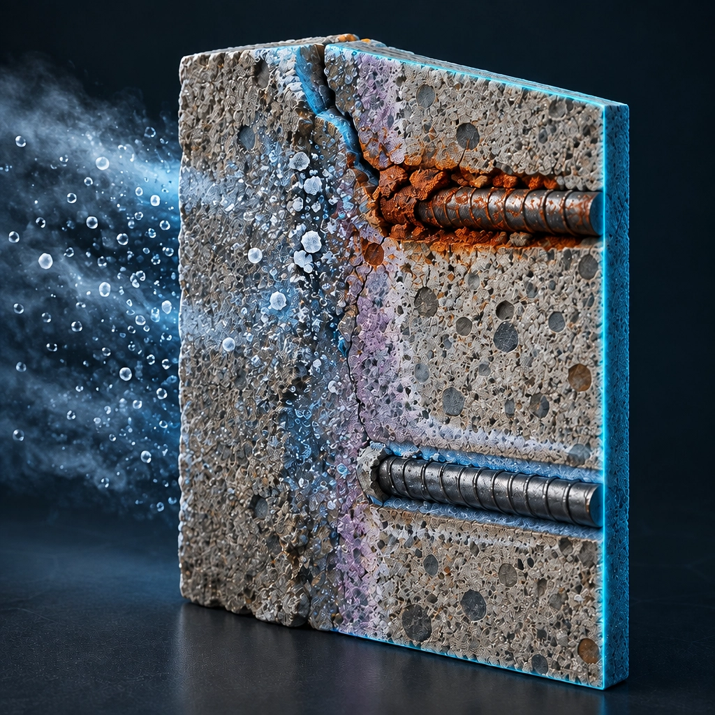Concrete durability cutaway showing carbonation and chloride ingress reaching shallow reinforcement before deeper reinforcement