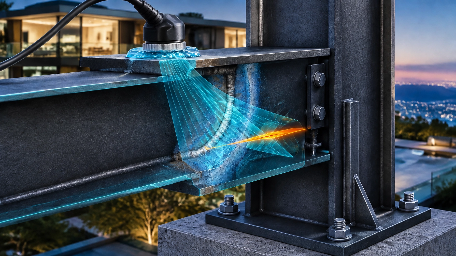 Ultrasonic examination probe interrogating a welded moment connection with a subsurface discontinuity