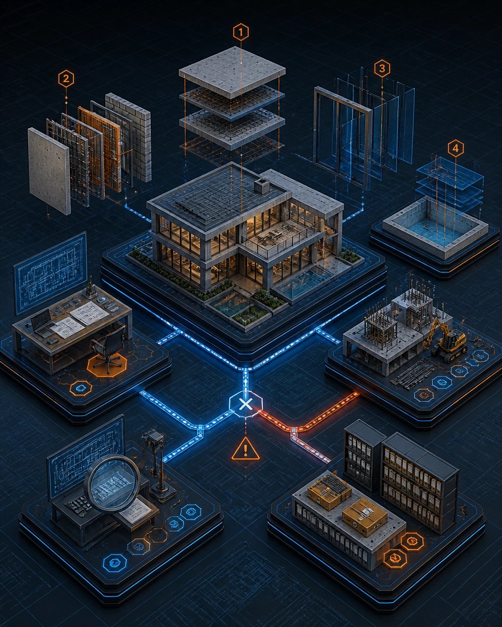 Technical 3D forensic illustration showing a responsibility map between designer, contractor, inspector and owner with a broken interface data path