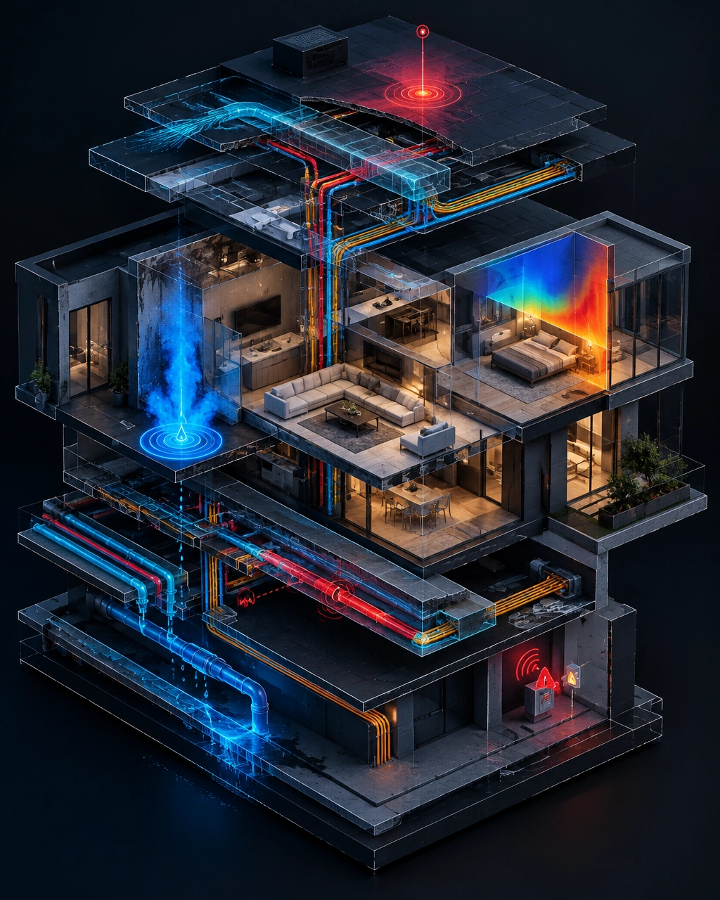 Exploded forensic view of latent HVAC, hydraulic, electrical and controls defects emerging after handover