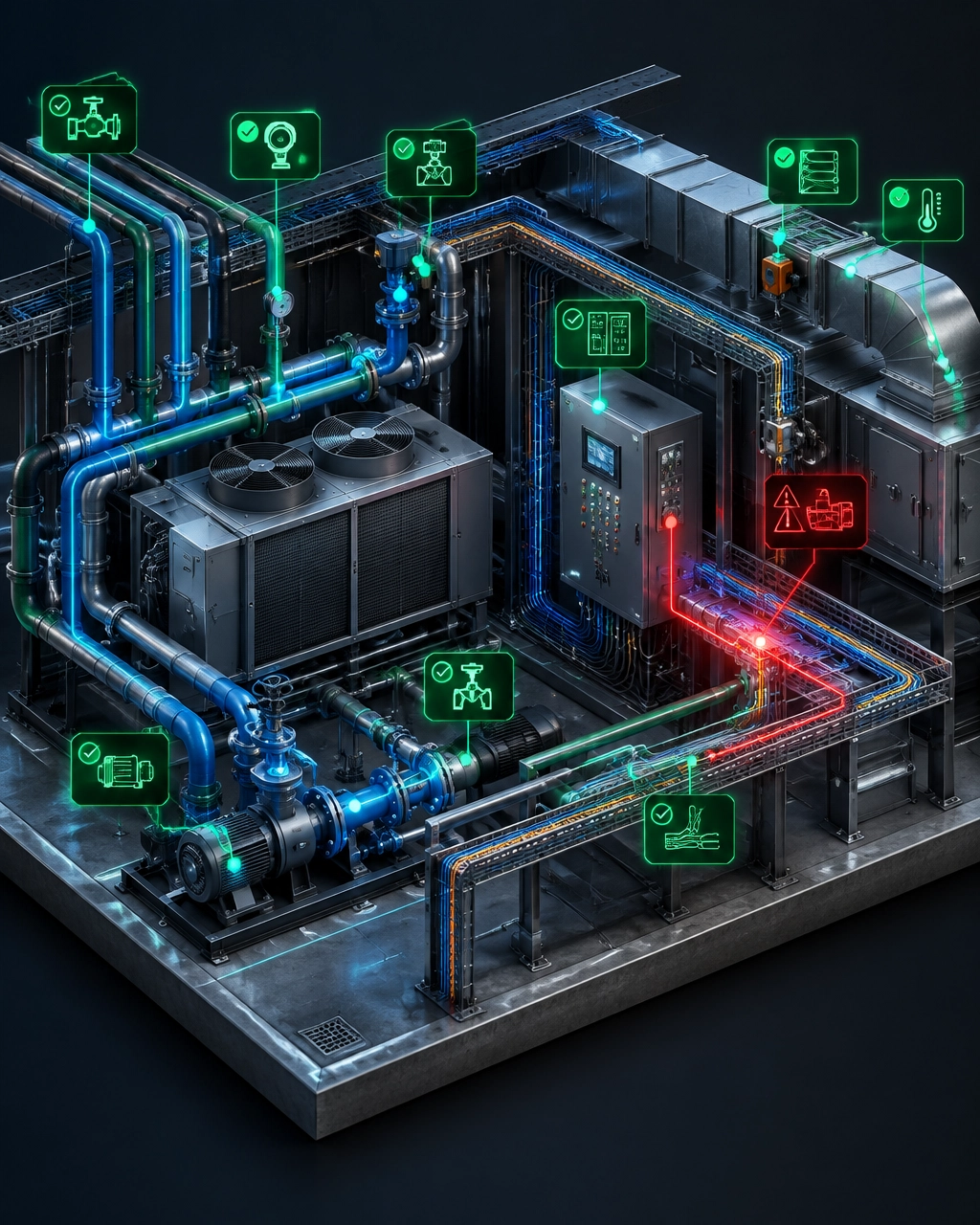 Luxury residential plant room with isolated component tests and an integrated interface failure