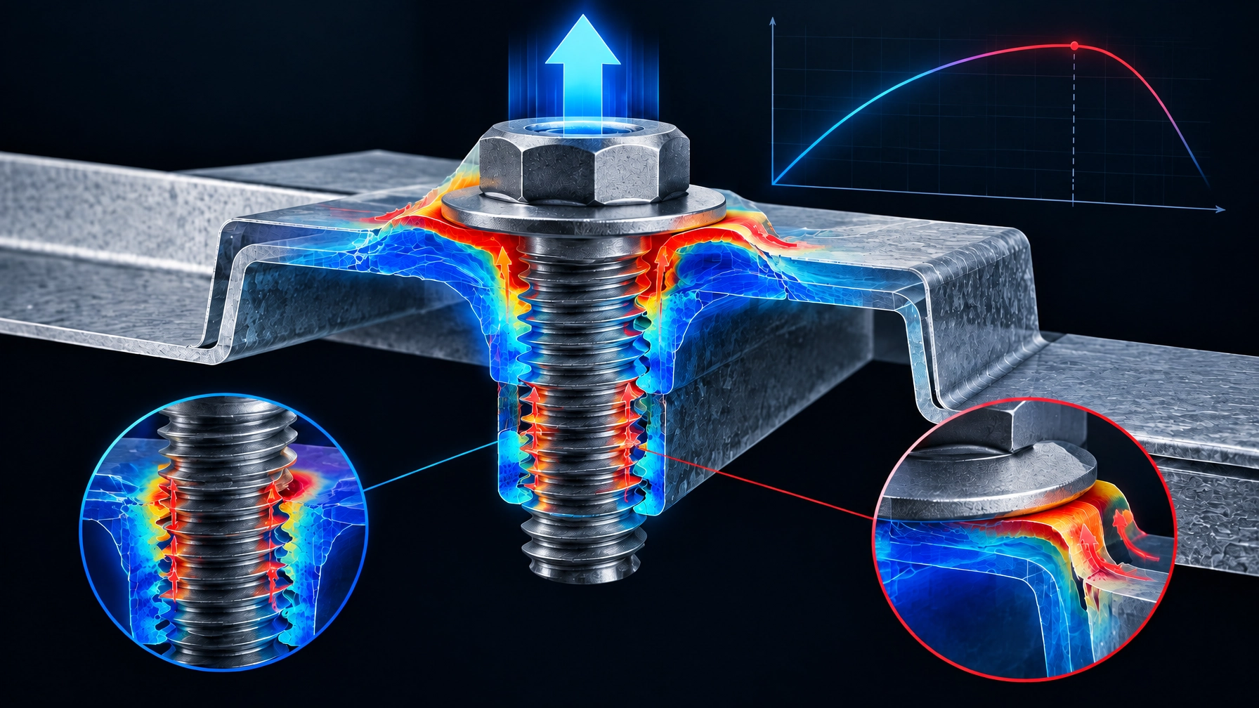Technical cutaway showing pull-out and pull-over failure paths around a cold-formed steel screw