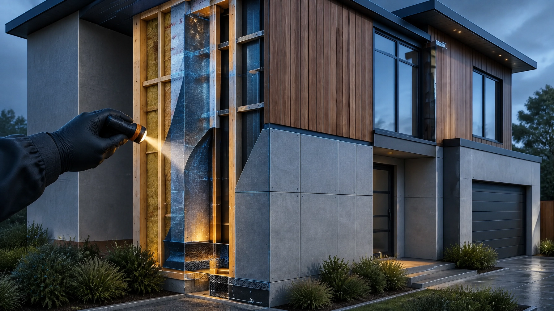 Progressive concealed-stage verification of a residential facade showing exposed WRB, flashing, cavity and weep pathway before cladding installation