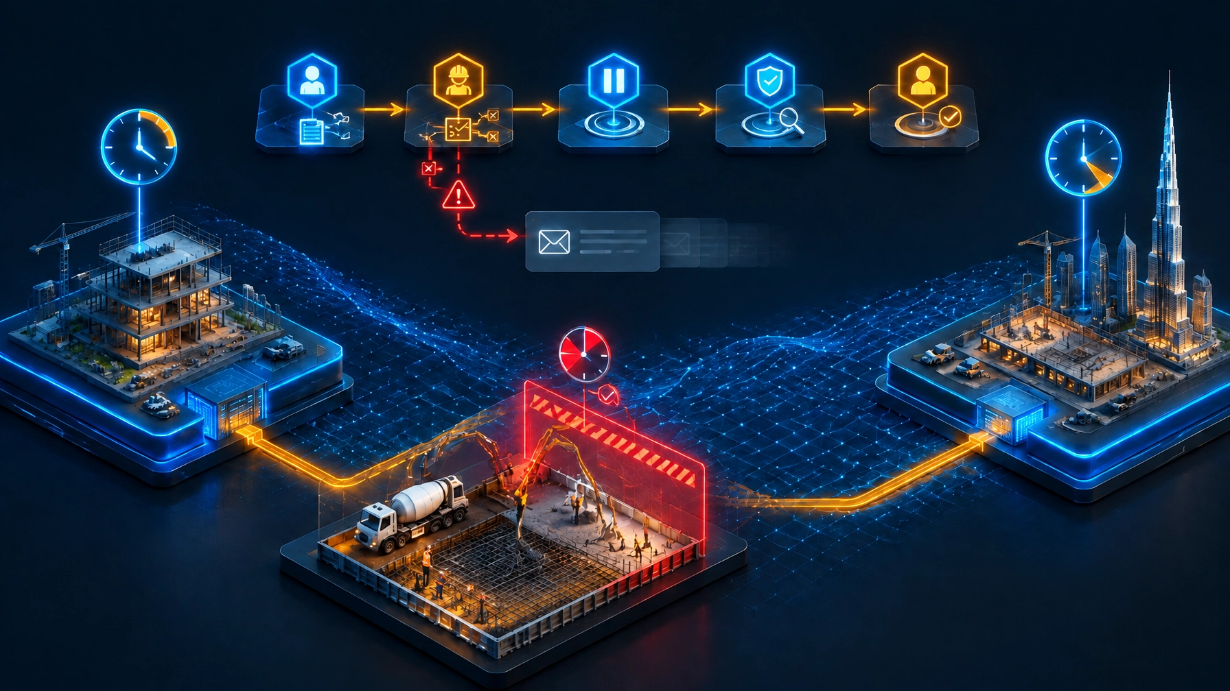Time-zone governance pathway showing Australian client instruction, Dubai site authority, hold point and independent verification