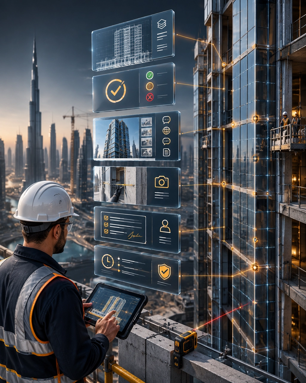3D technical visualisation of a supervisor and foreman completing read-back confirmation at a Dubai construction workface