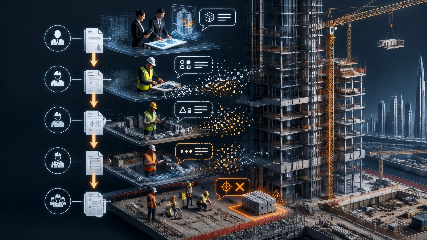 3D forensic illustration of instruction fidelity loss across nested subcontract tiers on a Dubai high-rise construction site