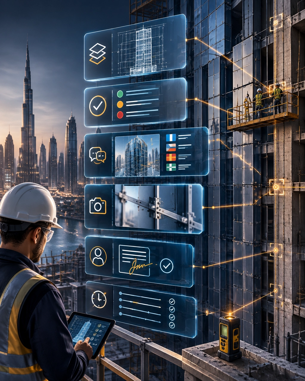 3D technical visualisation of a controlled construction information and verification evidence chain on a Dubai residential tower