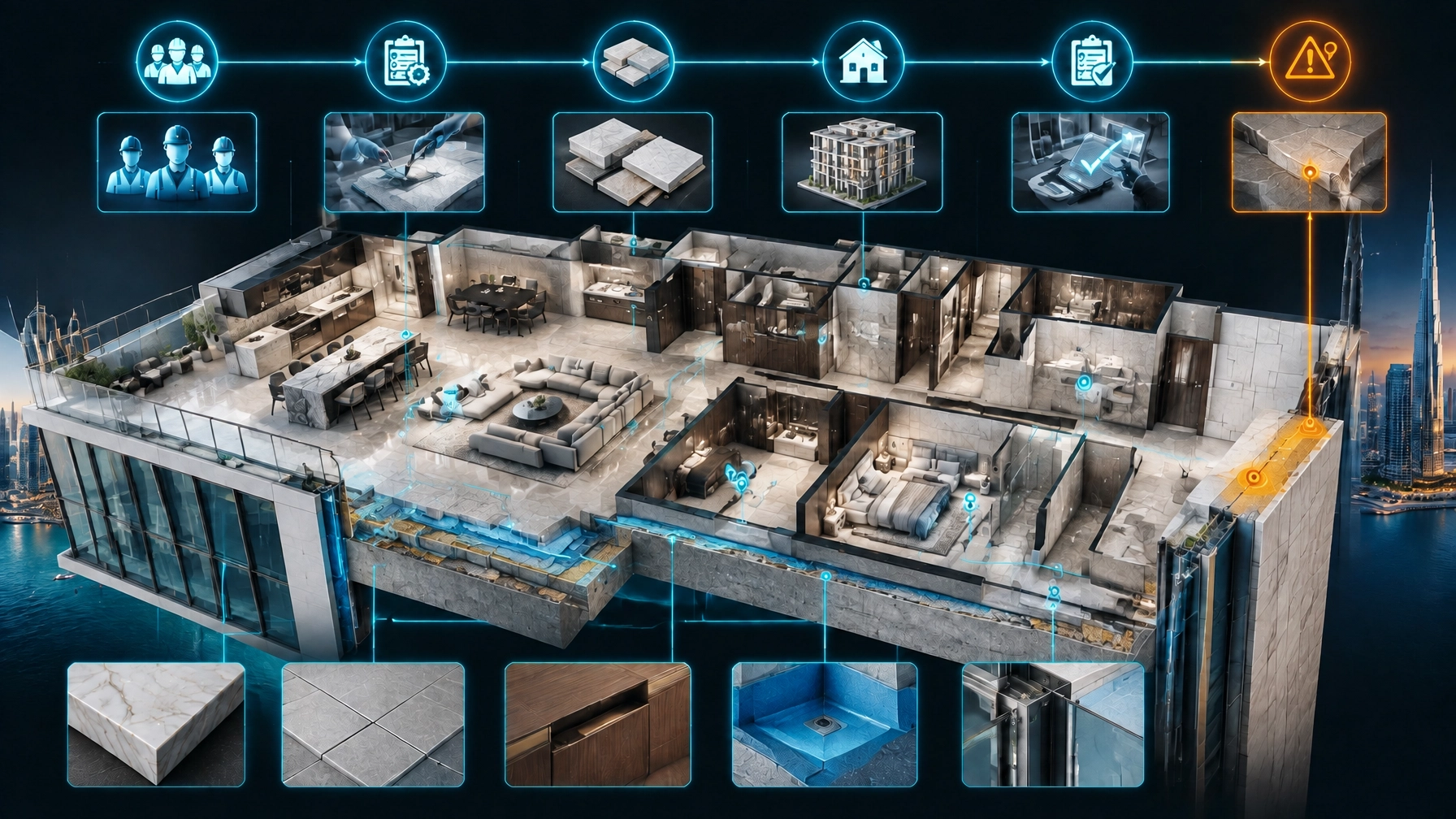 3D forensic visualisation of named-crew traceability linking trade testing, mock-up approval, first-unit inspection and later defect evidence
