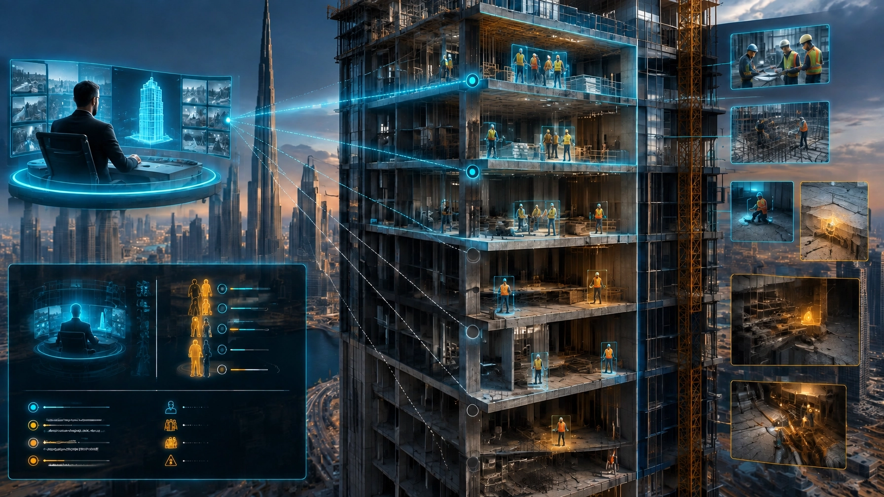 3D forensic visualisation of a supervisor managing multiple crews across several high-rise floors, showing gaps between supervision and task-level competence