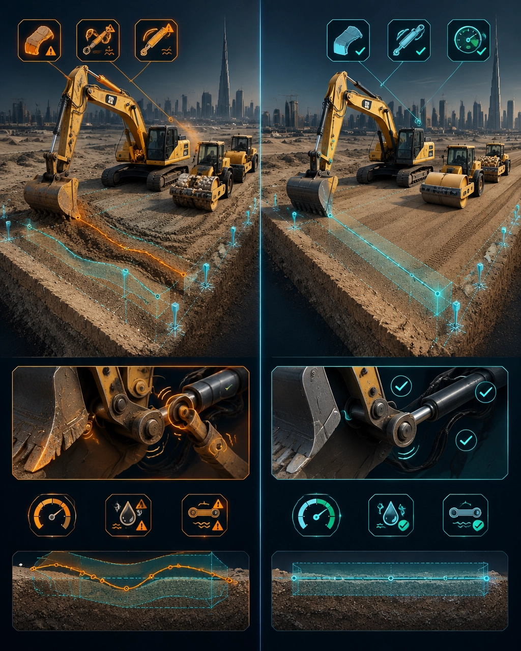 3D forensic cutaway of an excavator and compaction train comparing worn plant with maintained equipment and showing tolerance drift