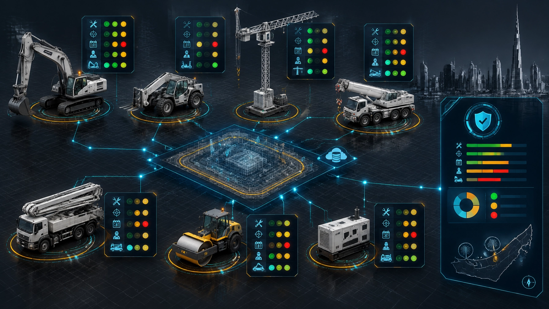 Forensic 3D visualisation of a construction plant fleet condition matrix showing maintenance, calibration and credential status by machine class