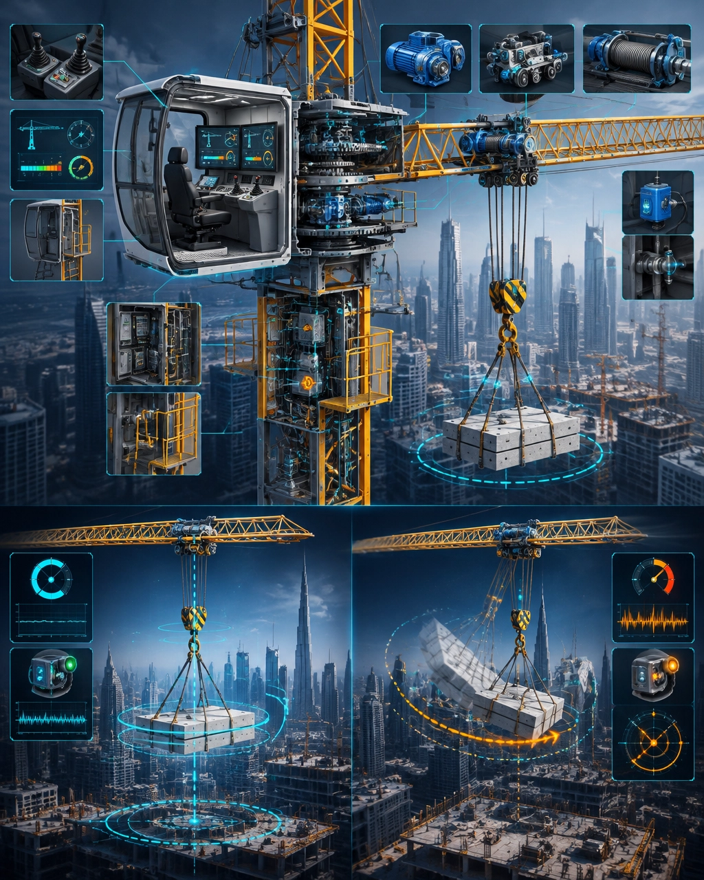 3D cutaway of a tower crane showing operator controls, load monitoring, lifting movement and shock-load deviation
