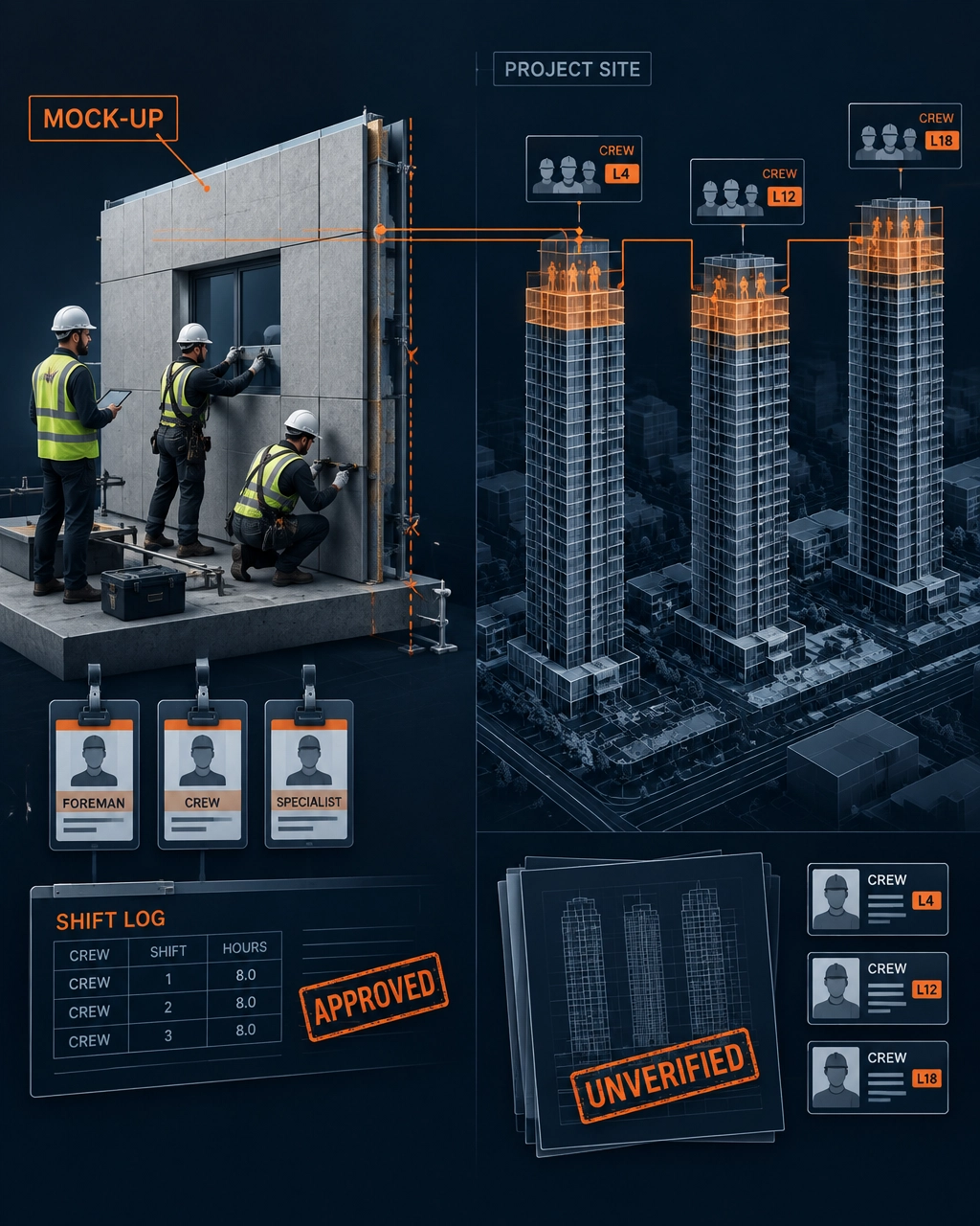 3D forensic visualisation showing a competent mock-up crew diverging from replacement crews assigned to later high-rise elevations