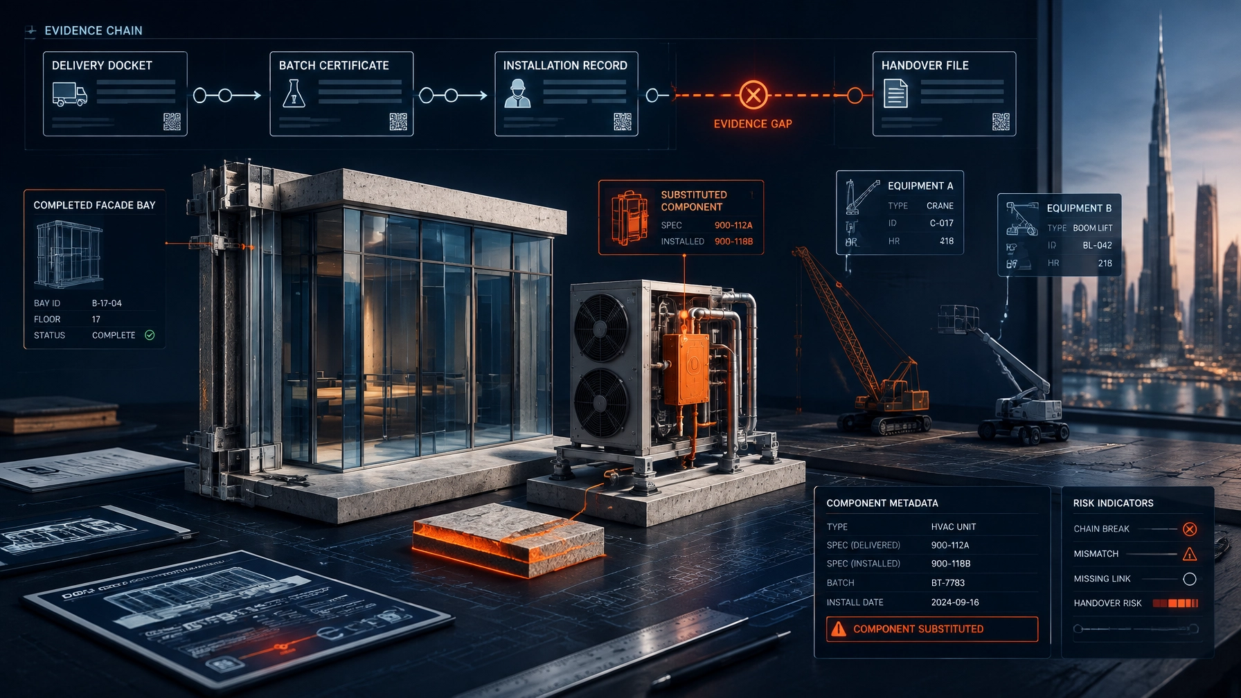 3D forensic handover visualisation showing a substituted construction component and a broken evidence chain between delivery records, certificates, installation records and handover documentation