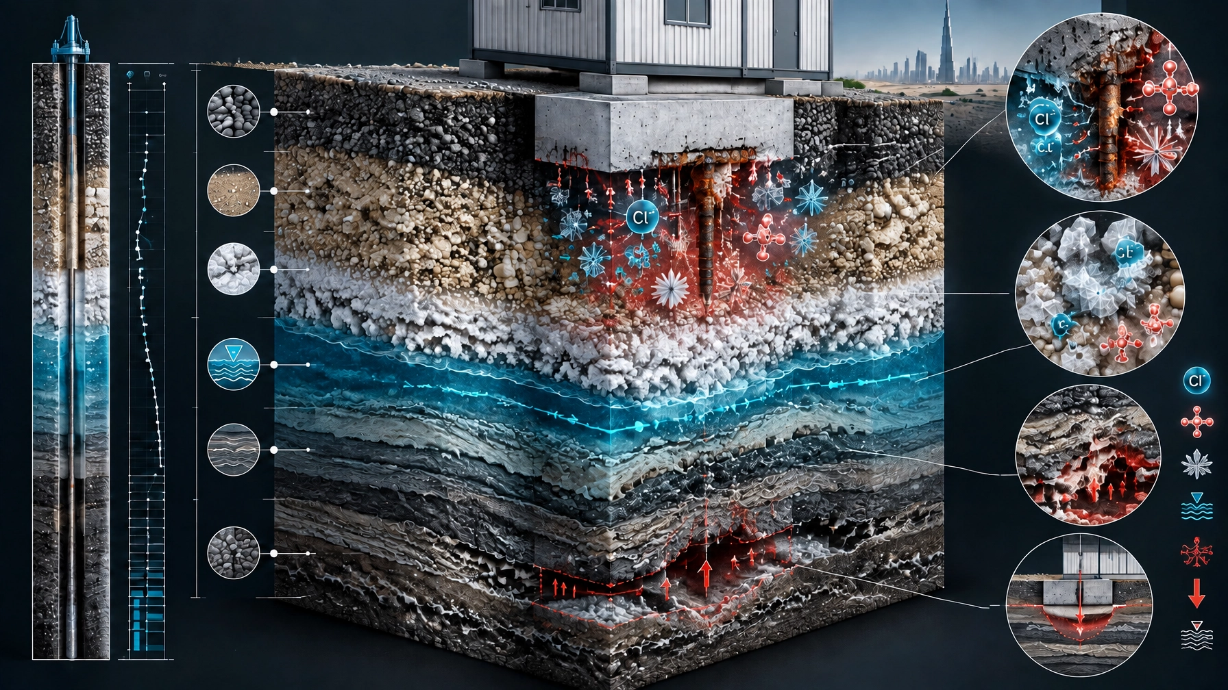 3D geotechnical cutaway showing compacted fill, calcareous sand, groundwater and sabkha aggressivity beneath a precast footing