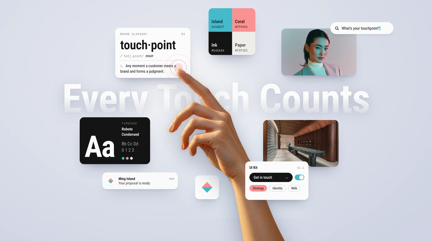 Every Touch Counts：一隻手觸碰品牌詞彙卡，周圍是色票、字體、人像、門市與 UI 元件等品牌接觸點