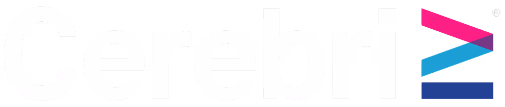 Cerebri logo with stylized pink, teal, and blue arrow shapes on a black background.
