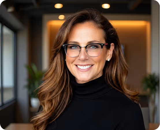 Smiling woman with long brown hair and glasses, wearing a black turtleneck in a warmly lit office.