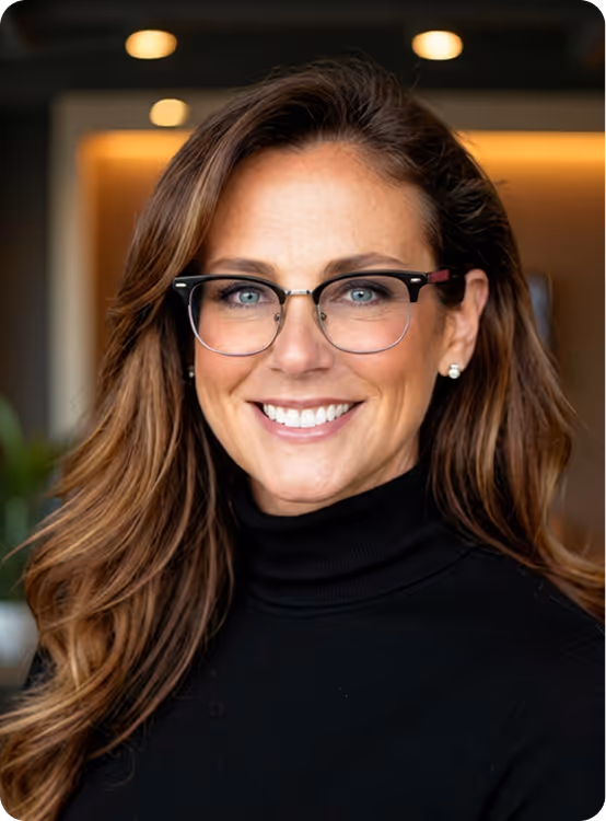 Smiling woman with brown hair and glasses wearing a black turtleneck sweater indoors.