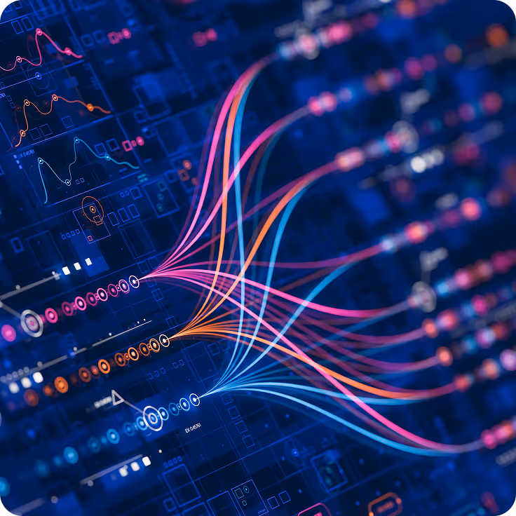 Colorful data lines connect multiple nodes across a digital blue network background.