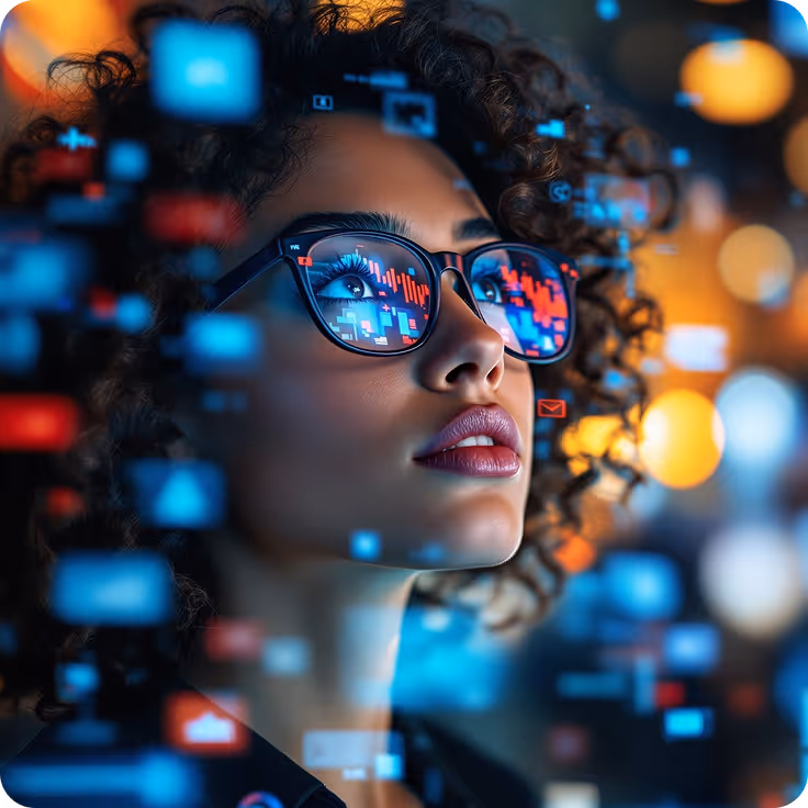 Close-up of a woman with glasses reflecting digital data charts and icons against blurred lights.