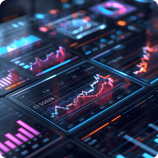 Futuristic digital dashboard with colorful, glowing line and bar charts displaying data analytics.