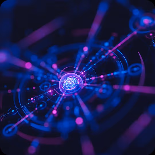 Abstract glowing network visualization with blue and pink lines and nodes radiating from a central point.