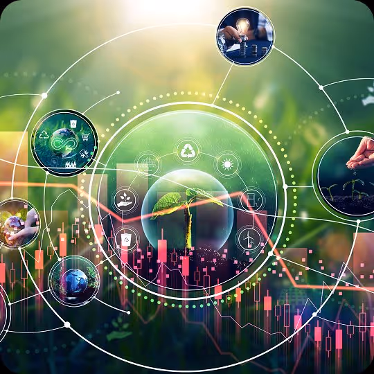 Green sprout in soil surrounded by tech icons and stock market graphs overlay on a blurred green background.