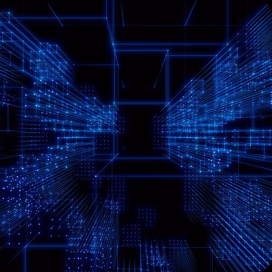 Digital 3D grid with glowing blue lines and dots forming a futuristic network structure.
