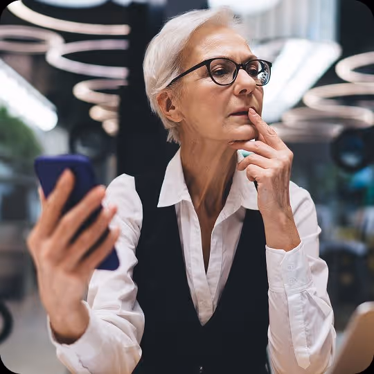 Older woman with glasses using a smartphone, looking thoughtfully to the side in an indoor setting.