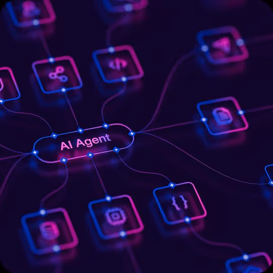 Digital network diagram with glowing icons connected to a central AI Agent node.