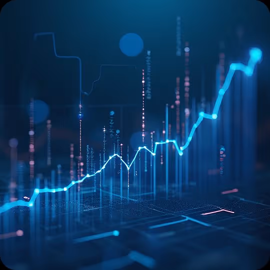 Futuristic blue line graph trending upward with glowing data points and vertical light bars on dark background.