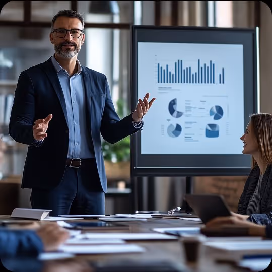Man in suit presenting data charts to colleagues in a business meeting room.