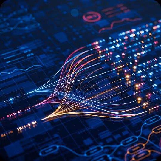 Digital abstract lines and dots converging on a dark blue data visualization background.