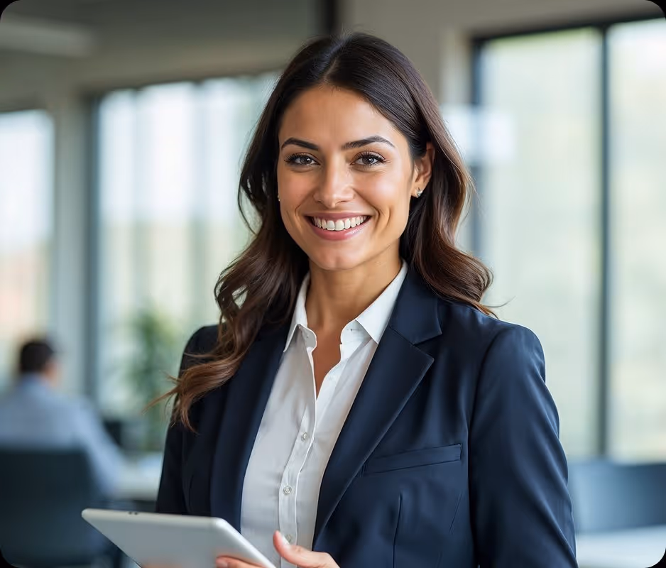Smiling businesswoman in a white blouse and dark blazer holding a tablet in an office setting.